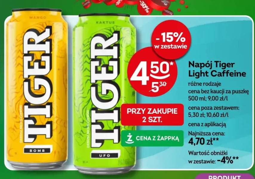 Napój energetyczny Tiger Light Caffeine różne rodzaje