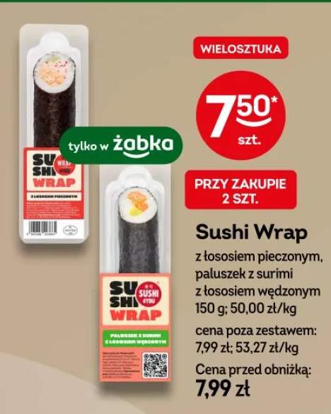 Sushi Wrap z łososiem pieczonym, paluszek z surimi z łososiem wędzonym