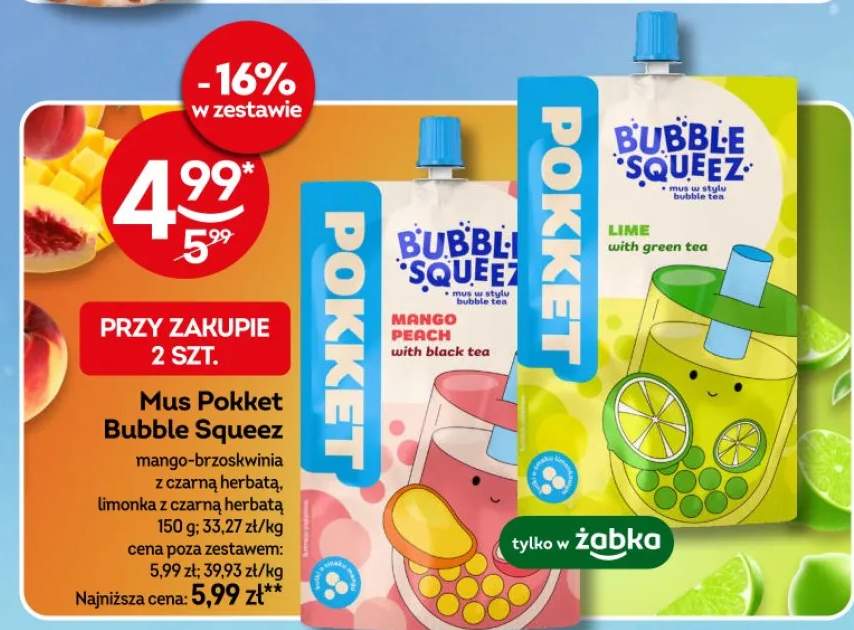 Mus Bubble Squeez mango-brzoskwinia z czarną herbatą, limonka z czarną herbatą