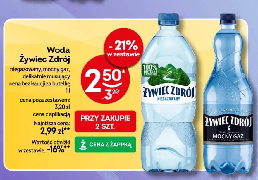 Woda Żywiec Zdrój niegazowany, mocny gaz, delikatnie musujący