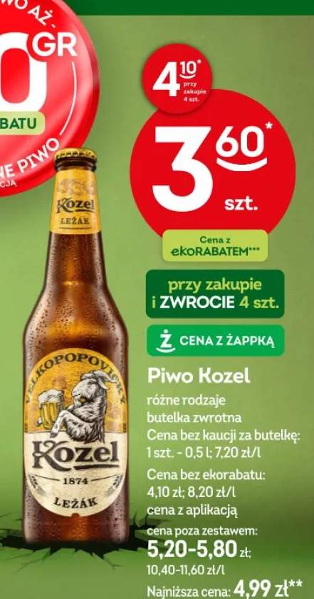 Piwo Kozel różne rodzaje butelka zwrotna