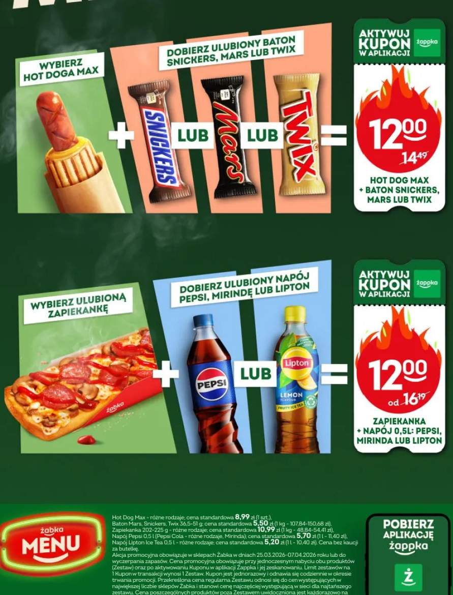 Hot dog max + baton Snickers, Mars lub Twix