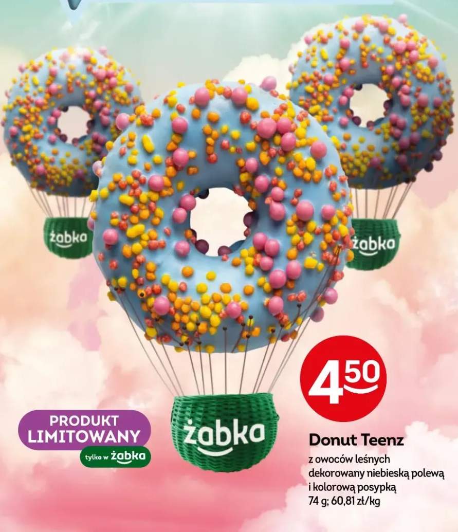Donut Teenz z owoców leśnych dekorowany niebieską polewą i kolorową posypką