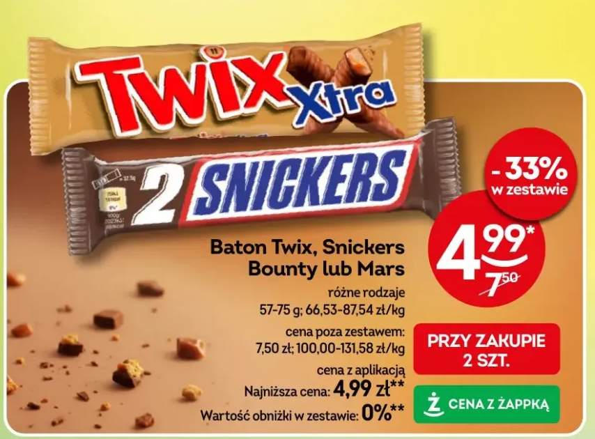 Baton Twix, Snickers, Bounty lub Mars różne rodzaje