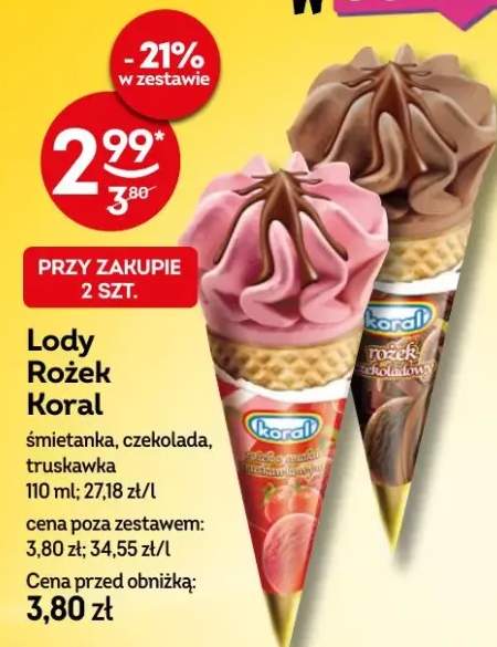 Lody Rożek Koral śmietanka, czekolada, truskawka