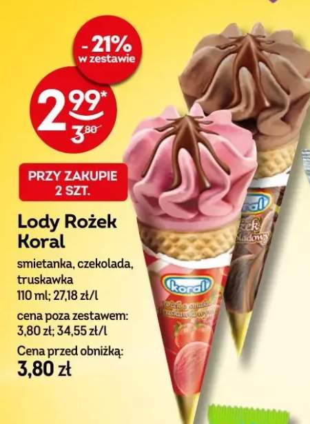Lody rożek koral śmietanka, czekolada, truskawka