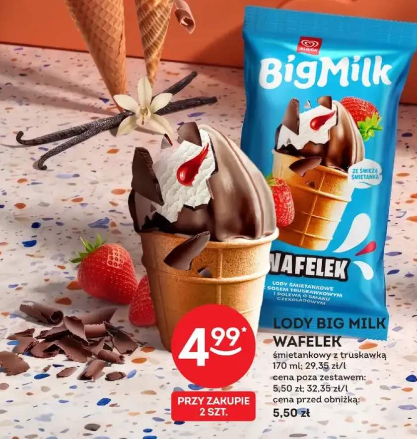 Lody Big Milk Wafelek śmietankowy z truskawką Algida