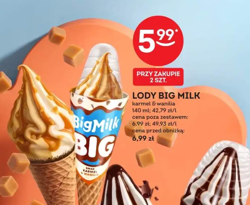 Lody Big Milk King Rożek waniliowy z sosem czekoladowym Algida