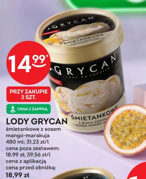 Lody Grycan śmietankowe z sosem mango-marakuja