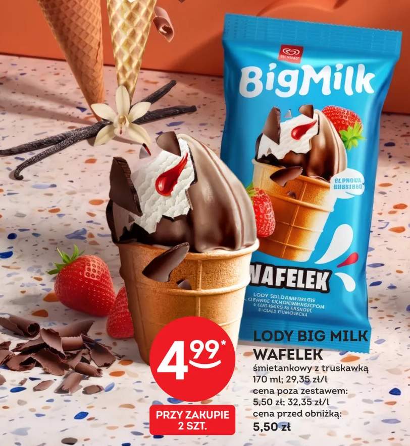Lody Big Milk Wafelek śmietankowy z truskawką