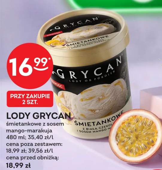 Lody Grycan śmietankowe z sosem mango-marakuja