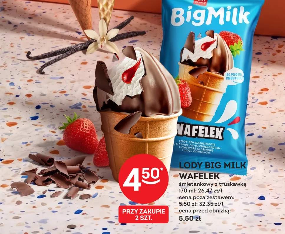 Lody Big Milk wafelek śmietankowy z truskawką