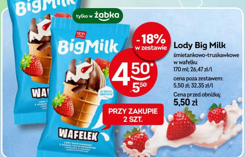 Lody Big Milk śmietankowo-truskawkowe w wafelku