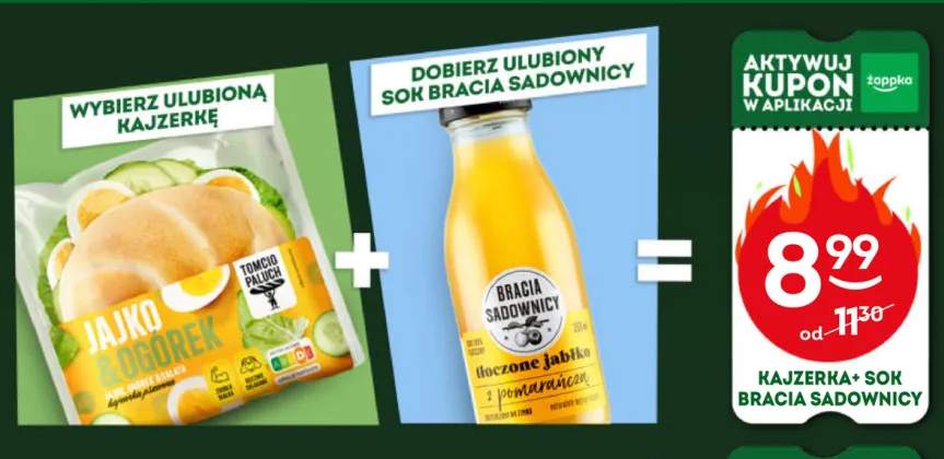 Zestaw Kajzerka Tomcio Paluch Jajko & Ogórek 120-137 g + Sok Bracia Sadownicy Tłoczone jabłko i pomarańcza 250 ml