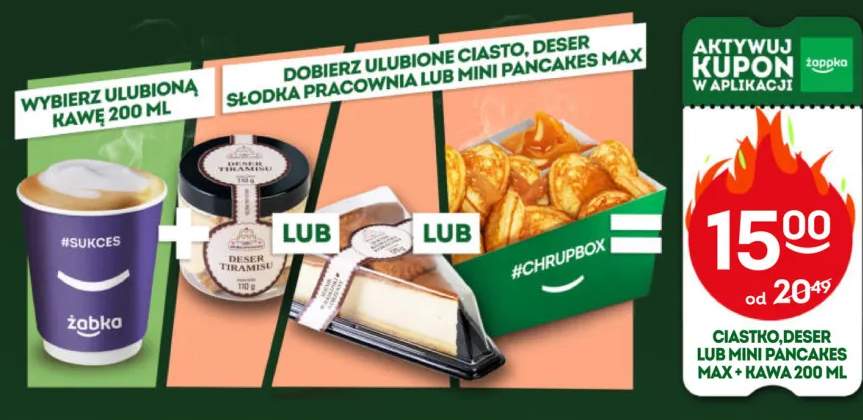 Zestaw Meal Deal: Kawa Żabka 200 ml + Ciasto, deser Tiramisu Słodka Pracownia lub Mini Pancakes Max