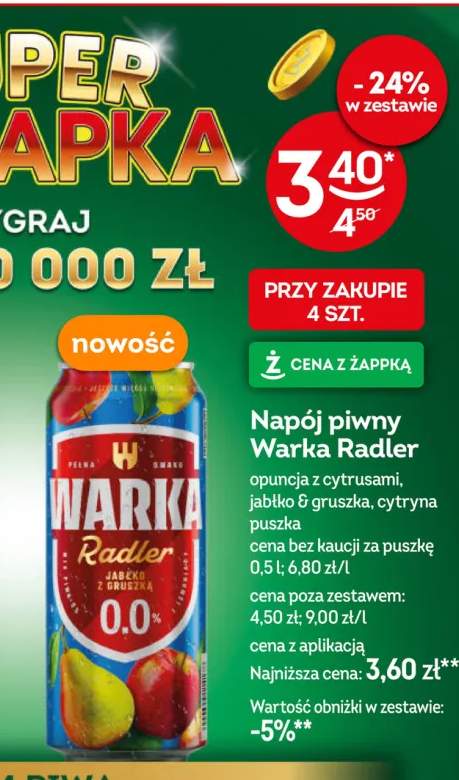 Piwo bezalkoholowe Warka Radler opuncja z cytrusami 0,0% +2 warianty