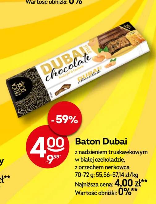 Baton Dubai z nadzieniem truskawkowym w białej czekoladzie z orzechem nerkowca Delica Dore