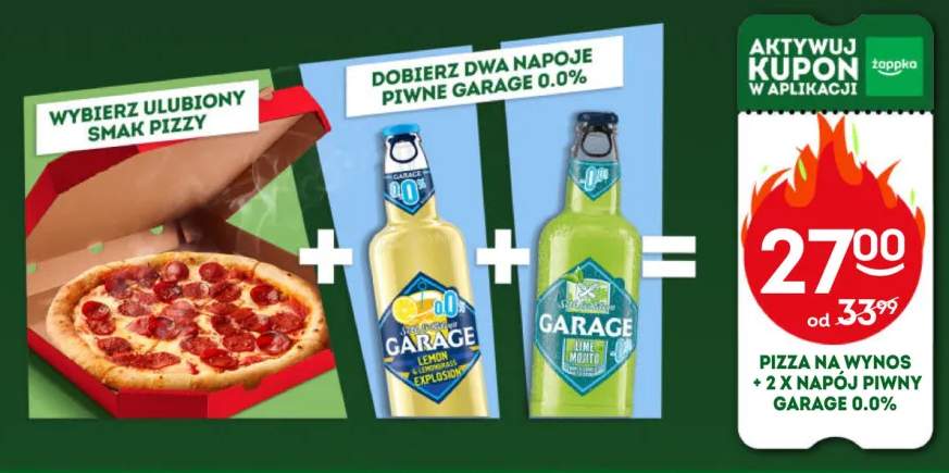 Zestaw Pizza na Wynos + 2x napój piwny bezalkoholowy Garage 0,0% Lemon & Lemongrass +1 wariant