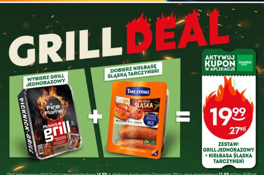 Zestaw grill jednorazowy Fire Flame + kiełbasa śląska extra Tarczyński