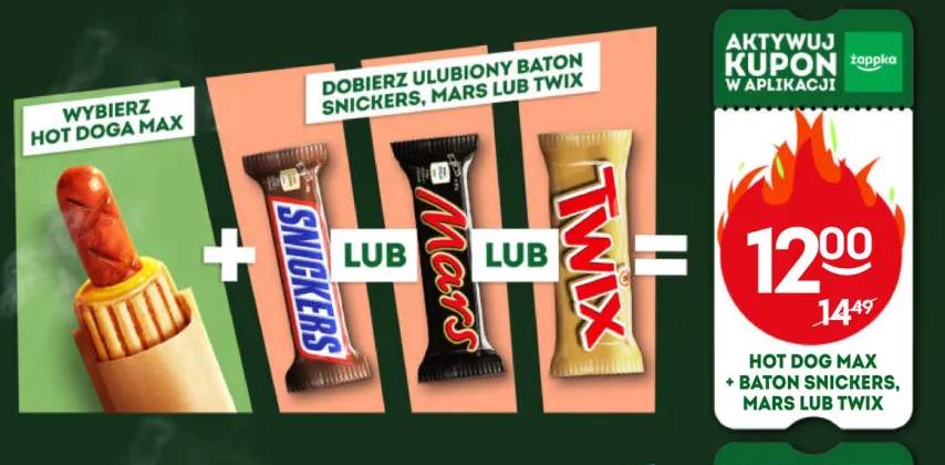 Zestaw Hot Dog Max + baton Snickers, Mars lub Twix