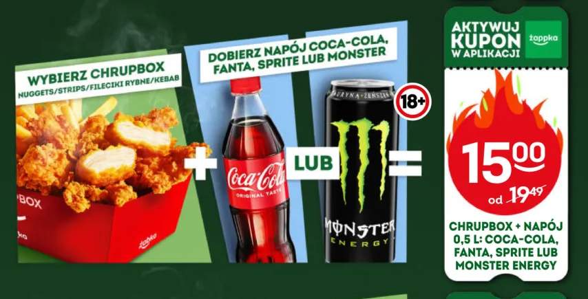 Zestaw Chrupbox + napój 0,5 l Coca-Cola, Fanta, Sprite lub Monster Energy
