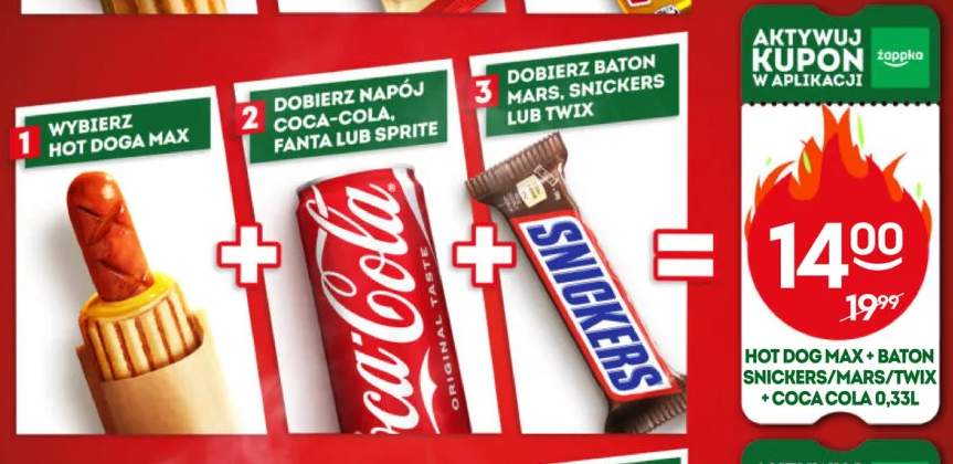 Zestaw Hot Dog Max + baton Snickers, Mars lub Twix + Coca-Cola 0,33 l