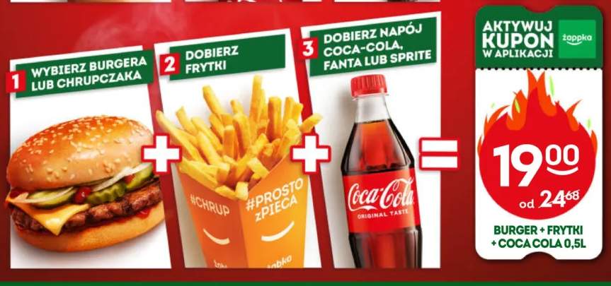 Zestaw burger lub Chrupczak + frytki + Coca-Cola 0,5 l